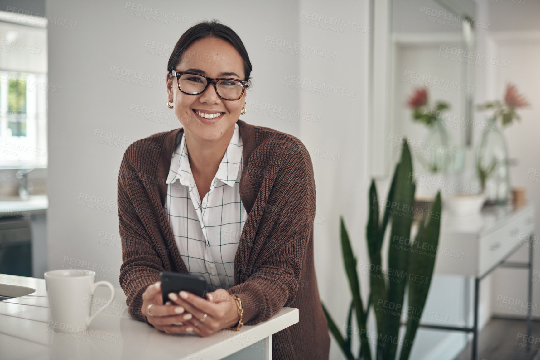 Buy stock photo Mobile, portrait or woman in home with tea, coffee or smile to relax on social media, internet or blog website. Technology, glasses or happy Asian lady on phone app to search for news post or article