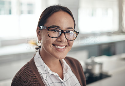 Buy stock photo Portrait, home and smile with asian woman, glasses and happiness and relaxing in kitchen. Face, person and girl with eyewear and clear vision with weekend break and calming with peace and vacation