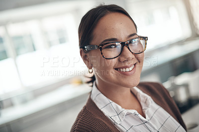 Buy stock photo Woman, house and smile with glasses in portrait at home in confidence for relax with day off for break. Female person, kitchen and vision in apartment with happiness for weekend in eyewear with pride