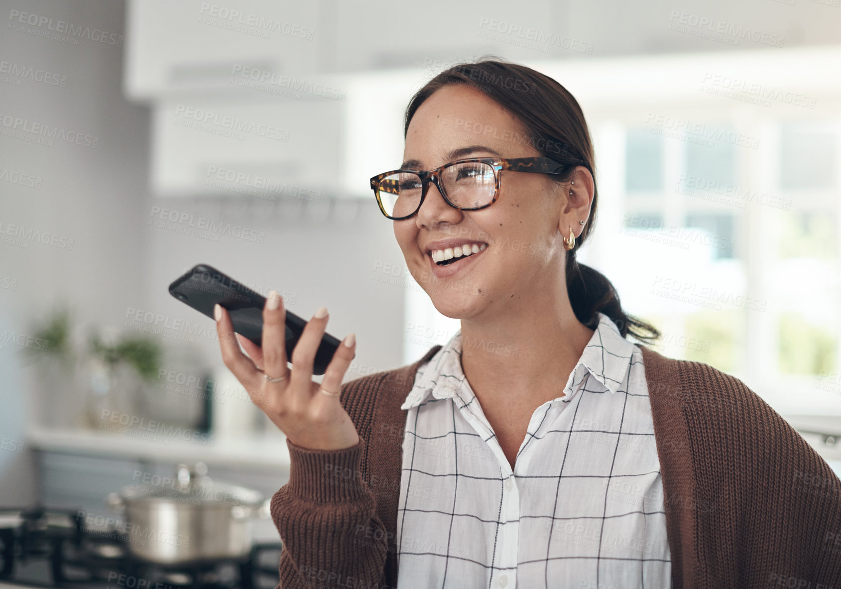Buy stock photo Business, networking and woman with phone call on speaker in home with recording of voice or speech. Cellphone, audio or chat to person online talking to mic or listening to sound or feedback