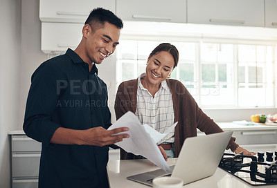 Buy stock photo Laptop, happy or couple with budget paperwork, mortgage or banking documents for reading in home. Interracial, woman or man speaking of financial info, investment portfolio or planning loan bills