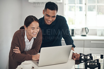 Buy stock photo Couple, laptop and happy with research in kitchen for savings, debt review and mortgage payment online . Finance, people and technology with smile for investment, insurance policy or loan information