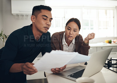 Buy stock photo Laptop, couple and documents for budget, savings and financial planning for asset management in home together. Computer, man and woman with paperwork for debt, mortgage or insurance for Asian people