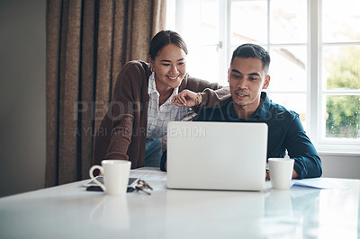 Buy stock photo Couple, laptop and smile with budget in kitchen for savings, investment tips and mortgage information. Finance, people and technology with research for debt review, insurance policy and tax documents
