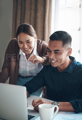 Buy stock photo Couple, laptop and happy with finance in kitchen for savings profit, debt review or good credit score. Documents, people and technology with smile for mortgage payment, insurance policy or budgeting 