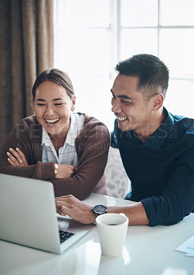 Buy stock photo Couple, laptop and happy with budgeting in kitchen for savings profit, debt review or good credit score. Documents, asian people and tech with smile for mortgage payment, insurance policy and finance