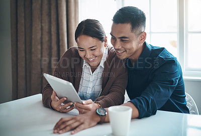 Buy stock photo Budget, tablet and couple in house, savings and online with internet, technology and tax with loan. Mortgage, woman and man, smile and home office, happy and payment of bills with economy and credit