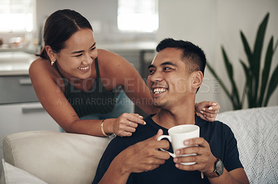 Buy stock photo Relax, smile and couple on couch with coffee, bonding and happy relationship together in home on weekend. Morning drink, man and woman on cozy sofa with laughing, talking and love in calm apartment.