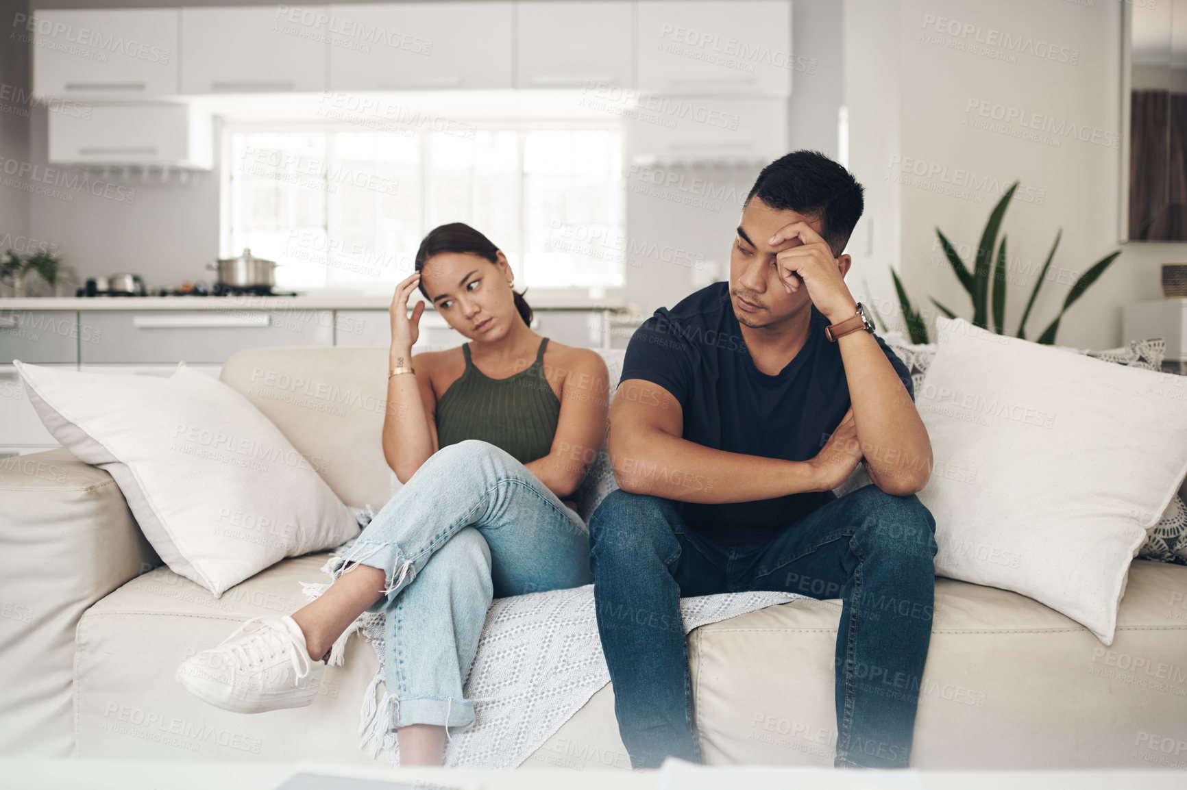 Buy stock photo Stress, divorce or couple fight on sofa with anxiety, fear or frustrated by liar, fail or drama at home. Marriage, conflict or asian people argue in living room with blame, overthinking or mistake