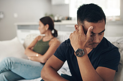 Buy stock photo Frustrated couple, fight and headache with stress in argument, breakup or disagreement on sofa at home. Upset or young woman and man ignore in conflict, divorce or separation for dispute at the house