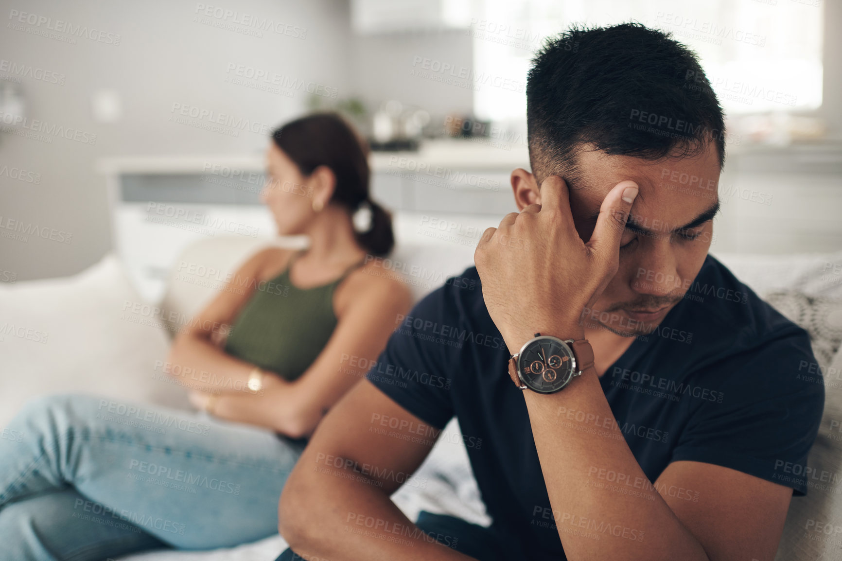 Buy stock photo Frustrated couple, fight and headache with stress in argument, breakup or disagreement on sofa at home. Upset or young woman and man ignore in conflict, divorce or separation for dispute at the house