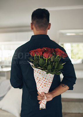 Buy stock photo Man, hands and back with red roses for valentines day surprise, gift or present to celebrate date at home. Hand of male with bouquet of flowers in celebration for anniversary or special month of love