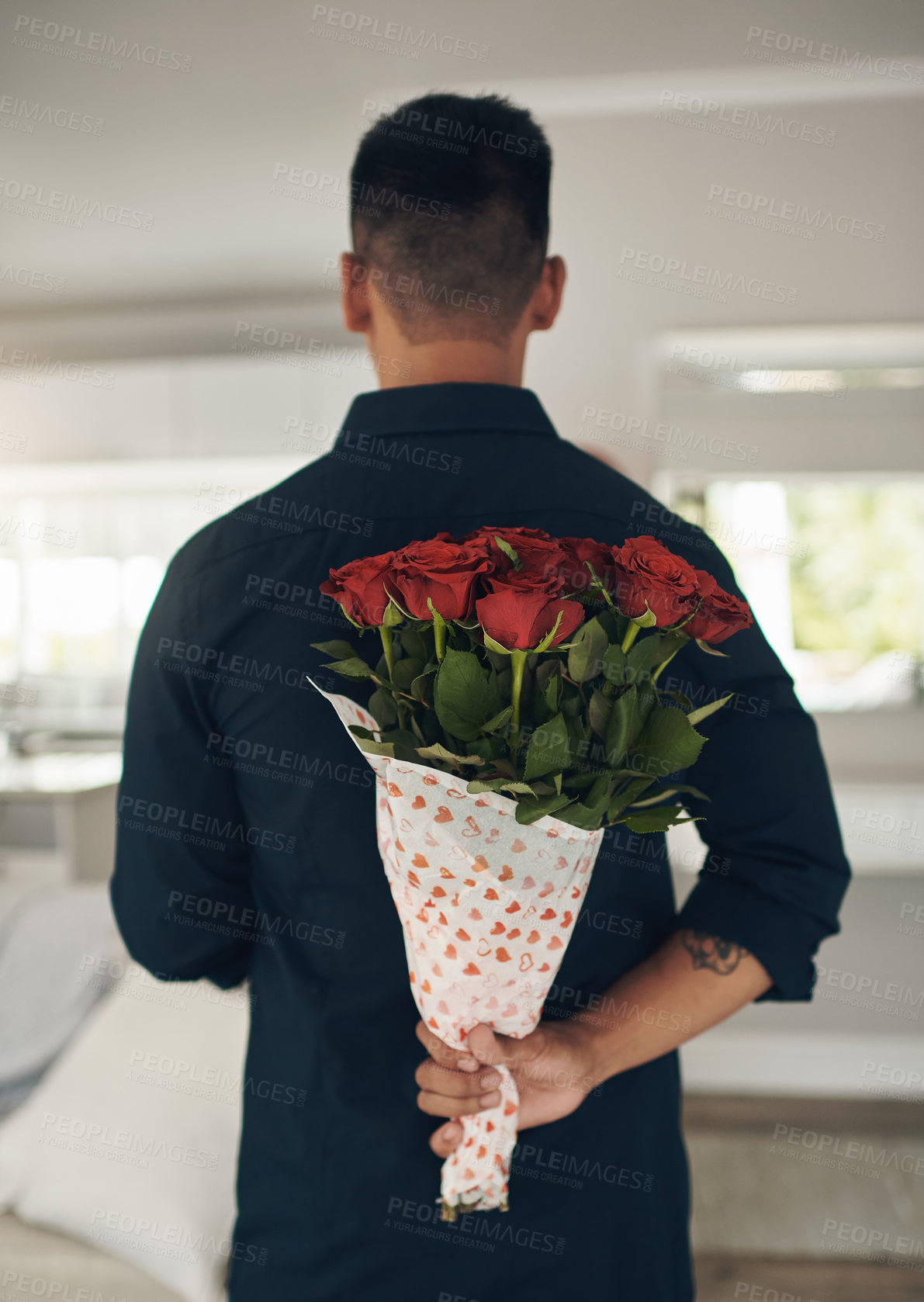 Buy stock photo Man, hands and back with red roses for valentines day surprise, gift or present to celebrate date at home. Hand of male with bouquet of flowers in celebration for anniversary or special month of love