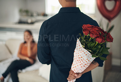 Buy stock photo Man, hands and red roses behind back for valentines day surprise, gift or present to celebrate date at home. Hand of male with bouquet of flowers in celebration anniversary for special month of love