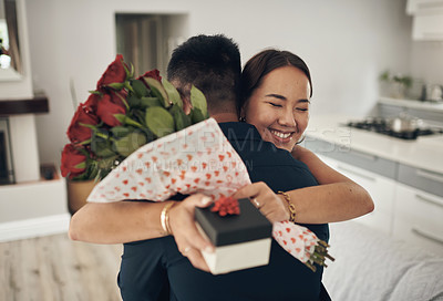 Buy stock photo Couple hug, gift and flowers present surprise of an Asian woman on valentines day. Living room, rose bouquet and lounge of people with love, care and happiness together with a smile from romance
