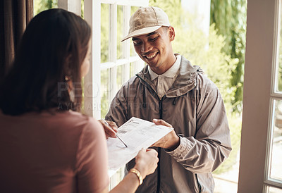 Buy stock photo Shot of a young man delivering a package to a customer at home