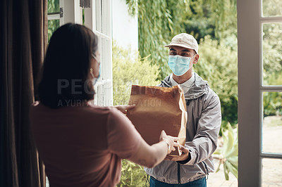 Buy stock photo Delivery man, package and woman with mask in home with ocd or germ protection, health and anxiety for bacteria. Female person, logistics and professional courier service for customer care and safety