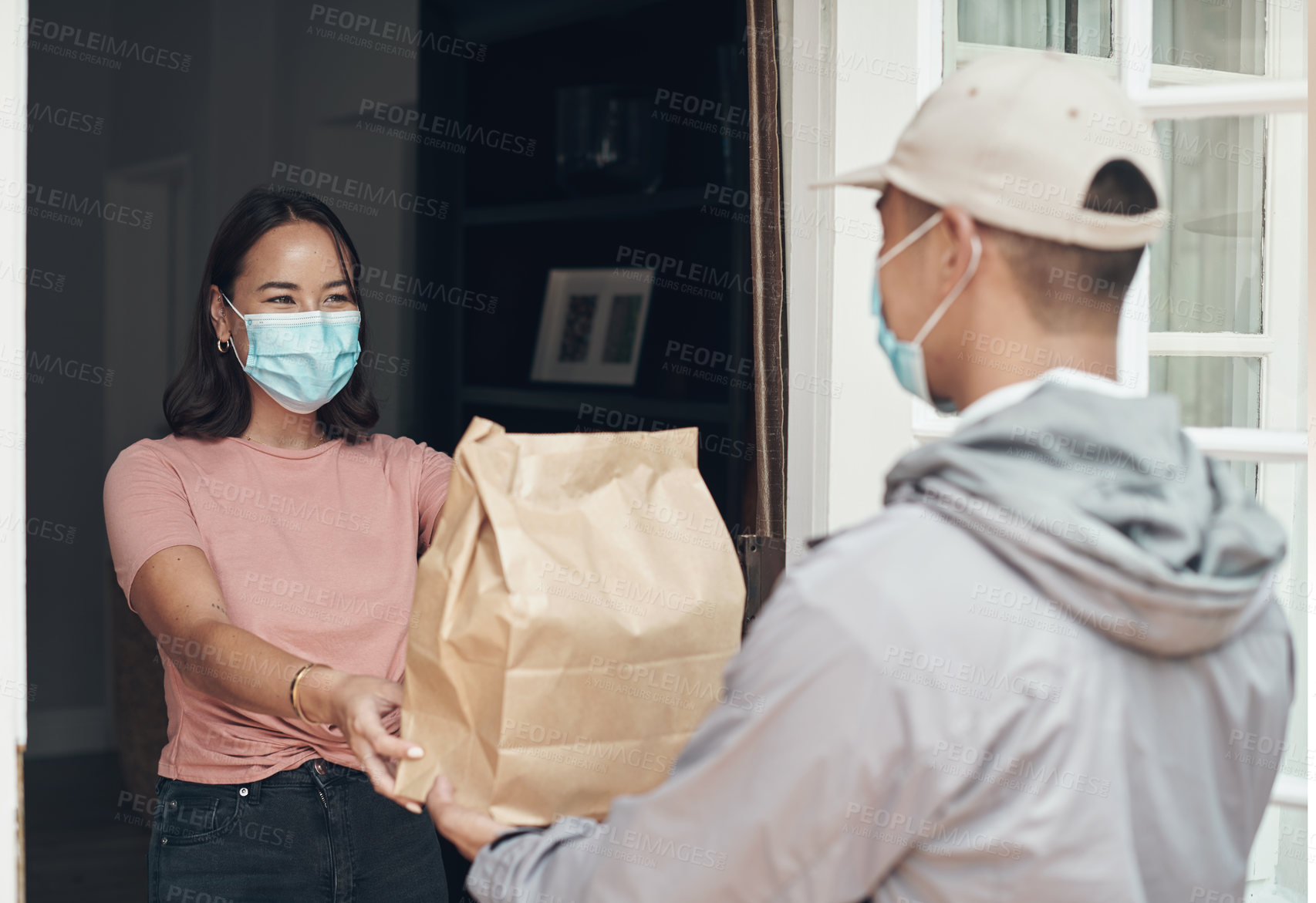 Buy stock photo Woman, face mask and happy for shipping product delivery, cargo and for safety. Customer, logistics and package transport for covid 19, courier and stock with distribution for healthy service