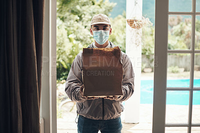 Buy stock photo Portrait, parcel and face mask for delivery man at door with courier for shipment, e commerce and package. House, transport and service with box for postage, safety compliance and online shopping
