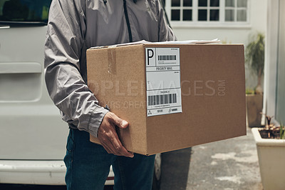 Buy stock photo Closeup, delivery and man with box, courier and doorway with ecommerce work, distribution service and logistics. Person, hands or employee with cardboard, package and parcel at entrance with shipping