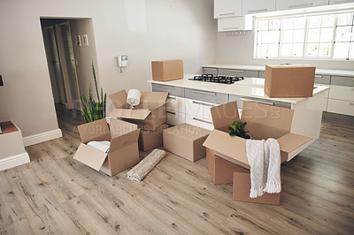 Buy stock photo Shot of a room full of boxes waiting to be unpacked on moving day