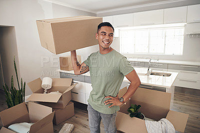 Buy stock photo Happy man, moving and carry box in new house for property, investment and real estate in living room. Male person, smile and laugh in apartment for immigration, travel and relocate to Los Angels  