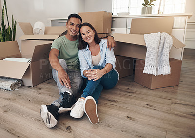 Buy stock photo Portrait, couple and happy in new home with boxes for moving in, satisfied and confident with ownership. House, relationship and happy with unpacking furniture, excited and positive with property