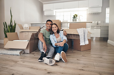 Buy stock photo Portrait, couple and break in new home with smile for moving in, satisfied and confident with ownership. House, relationship and boxes with unpacking furniture, excited and positive with property