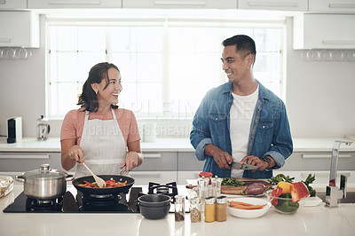 Buy stock photo Love, cooking and happy couple in kitchen together with healthy food, relationship and bonding in home. Diet, wellness and man helping woman in apartment with nutrition, care and meal prep for lunch