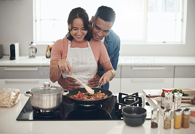 Buy stock photo Hug, cooking and happy couple in kitchen together with healthy food, relationship and bonding in home. Diet, man and woman embrace in apartment with nutrition, care and meal prep for lunch with love