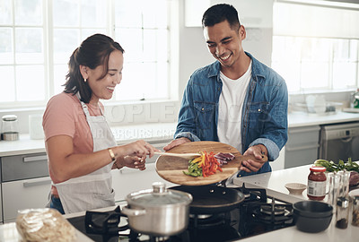 Buy stock photo Lunch, cooking and couple in kitchen together with healthy food, relationship and happy in home. Diet, wellness and love, man helping woman in apartment with nutrition, care and bonding in meal prep