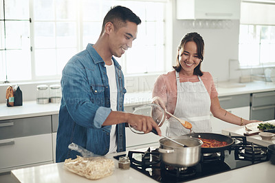 Buy stock photo Dinner, cooking and happy couple in kitchen together with healthy food, relationship or bonding in home. Diet, wellness and man helping woman in apartment with nutrition, care and meal prep with love