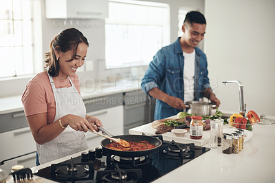 Buy stock photo Helping, cooking and couple in kitchen together with healthy food, relationship and bonding in home. Diet, happy man and woman in apartment with nutrition, care and diet meal prep with love for lunch