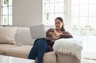 Buy stock photo Woman, laptop and credit card on couch for buy, finance and website for online shopping in home. Female person, ecommerce and code for payment or purchase, sofa and app for banking or budget on tech