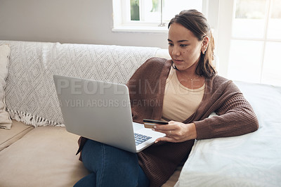Buy stock photo Woman, laptop and credit card on sofa for sale, finance and website for online shopping in home. Female person, ecommerce and code for payment or purchase, buy and app for banking or budget on tech