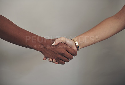 Buy stock photo Handshake, diversity and isolated on background, unity and agreement for solidarity, support and partnership. Deal, teamwork and collaboration for inclusion, introduction and negotiation mock up