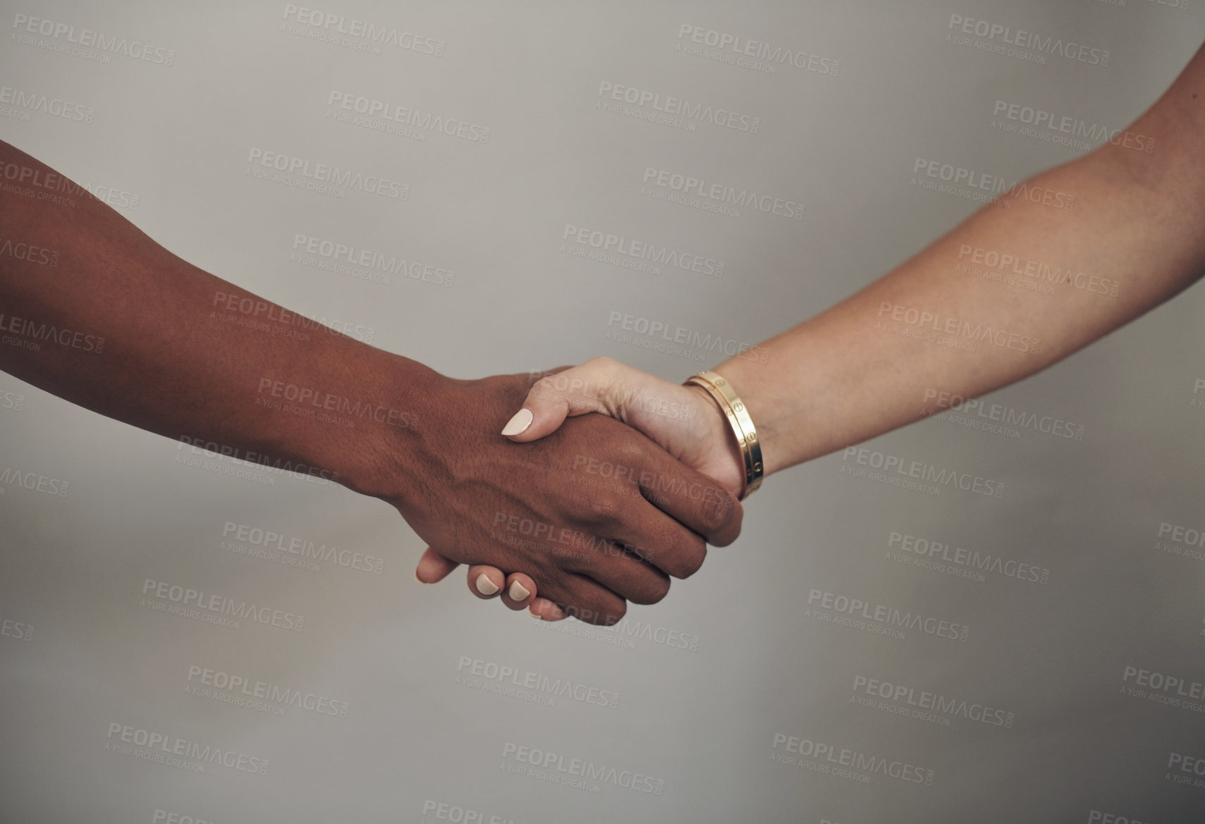 Buy stock photo Handshake, people and isolated on background, unity and agreement for solidarity, support and partnership. Deal, teamwork and collaboration for inclusion, introduction and negotiation mock up