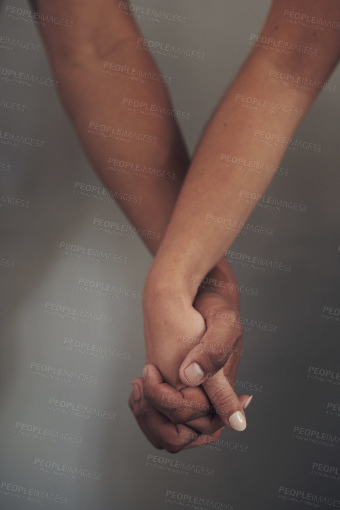 Buy stock photo Couple, love and holding hands for support, care and solidarity or romance with studio background. Compassion, partnership and relationship for people, hope and trust for affection and intimacy