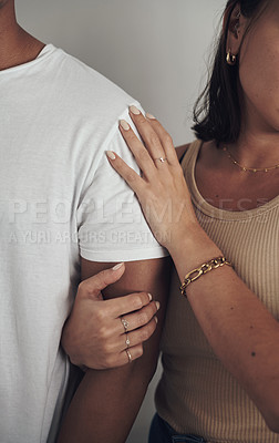 Buy stock photo Couple, love and man with woman with hands, support or care or solidarity or romance in studio. Compassion, partnership or relationship for people, hope or trust for affection and marriage with unity