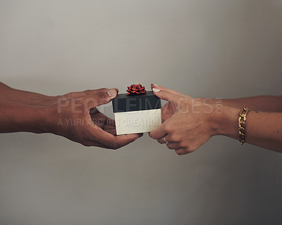 Buy stock photo Couple, hands and gift box for love, anniversary and celebration for surprise or romance. Package, present and ribbon for compassion and partnership, marriage and man with woman or Birthday prize