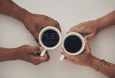 Buy stock photo Couple, love and coffee cup for date, communication and talking for morning conversation. Support, partnership or married people for romantic outing, compassion or caffeine for respect and discussion