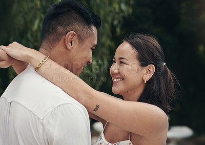 Buy stock photo Happy couple, nature or hug for love on holiday with support, care or smile in marriage or outdoor vacation. Eye contact, man and woman in park to travel on adventure, date or honeymoon in Indonesia