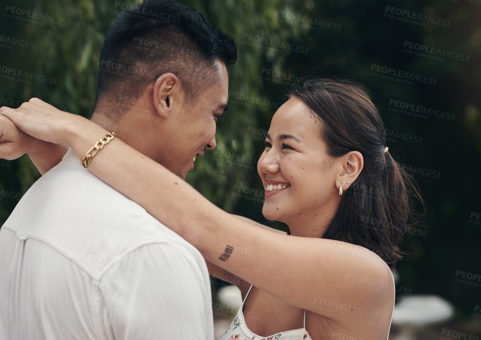 Buy stock photo Happy couple, nature or hug for love on holiday with support, care or smile in marriage or outdoor vacation. Eye contact, man and woman in park to travel on adventure, date or honeymoon in Indonesia