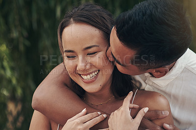Buy stock photo Happy couple, nature or hug with kiss on holiday with support, care or smile in marriage or outdoor vacation. Excited, man and woman in park to travel on adventure, date or honeymoon in Indonesia