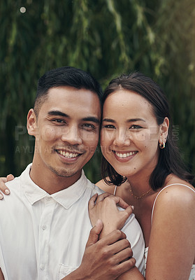 Buy stock photo Happy couple, park or portrait for love on holiday with support, care or smile in marriage or outdoor vacation. Man, woman or hug together in nature to travel on adventure, date or honeymoon in Bali