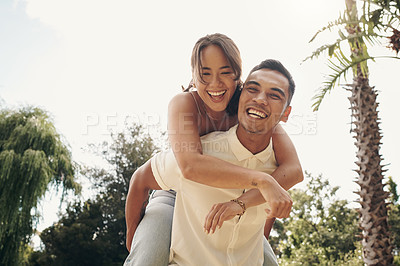 Buy stock photo Happiness, couple and piggyback in garden for love, summer and having fun together outdoor. Relationship, smile and partnership on weekend for support, man and woman in springtime for holiday