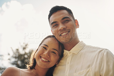 Buy stock photo Couple, portrait and embrace with love at sunset with support, care and trust in marriage or vacation. Man, woman and relax in calm moment outdoor together with loyalty on adventure in summer mockup