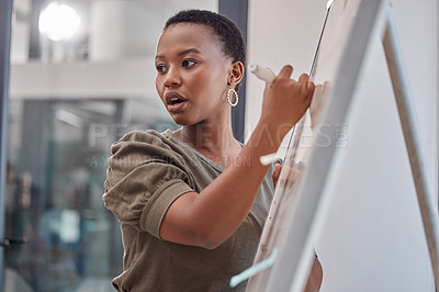 Buy stock photo Business, board and black woman with presentation, planning and explain process at a workshop. Female person, presenter and speaker writing, brainstorming and motivation with profit growth and mentor