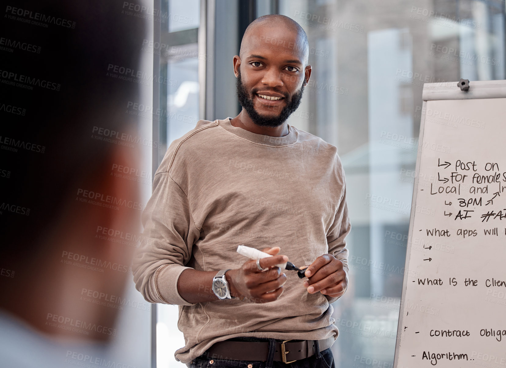 Buy stock photo Black man, coach and meeting with Flipchart for presentation, teaching or creative learning at office. African male person or presenter explaining work for team discussion, staff training or startup