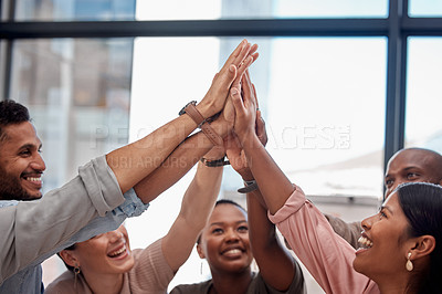 Buy stock photo Happy people, team and meeting with hands together for unity, collaboration or motivation at office. Group of creative employees touching or high five for community, mission or synergy in solidarity